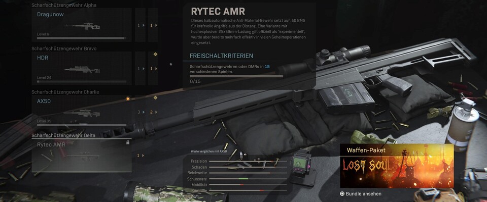 Wie weit ihr mit der Herausforderung zum Freischalten der neuen CoD: Modern Warfare- & Warzone-Sniper Rytec AMR seid, könnt ihr euch im Waffen-Menü unter Scharfschützengewehren und dann bei der Rytec ansehen.