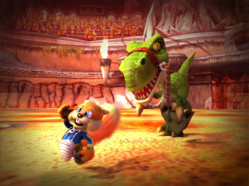 Im Laufe der Story legt sich Conker sogar mit Raptoren an.