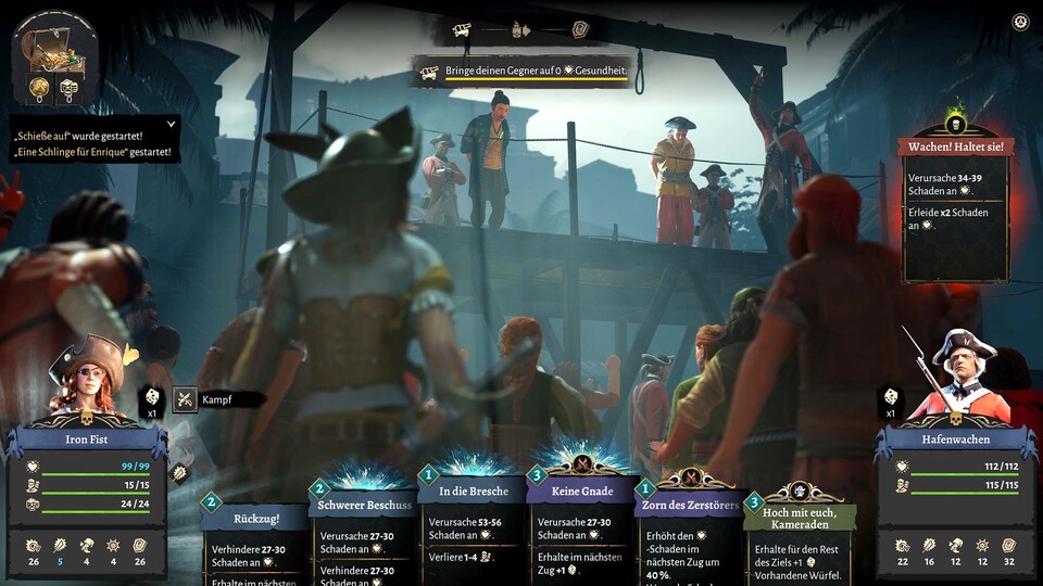 Im ersten Schritt steht die Befreiung der gefangenen Piraten an. Dafür kann ich mehrere Aktionen auswählen und auch die Spezialfähigkeit meiner Piratenkapitänin aktivieren, die mir weitere Würfel für kommende Würfelproben einbringt.