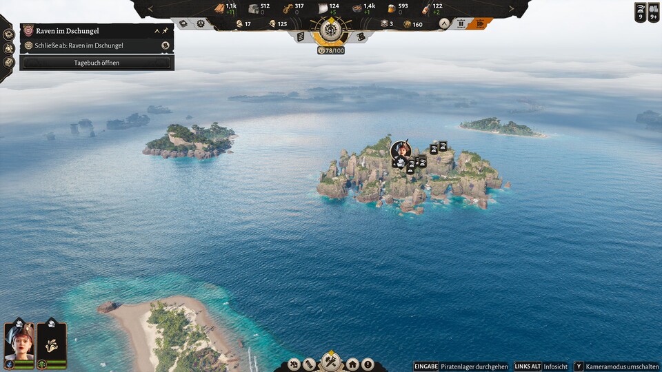 Auf der Seekarte kann ich meine Schiffe zu Aufträgen entsenden, die in der Nähe liegenden Inseln können aber nicht besiedelt werden.