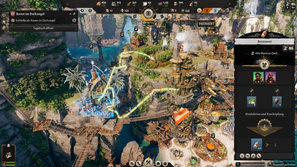 Hier habe ich mal den Weg von der Zuckerrohrplantage zur Brennerei und schlussendlich zur Taverne anzeigen lassen. Hinter der Plantage steht mein Holzfällerlager und an der Steilwand darunter hängt wiederum die Fassbinderei.