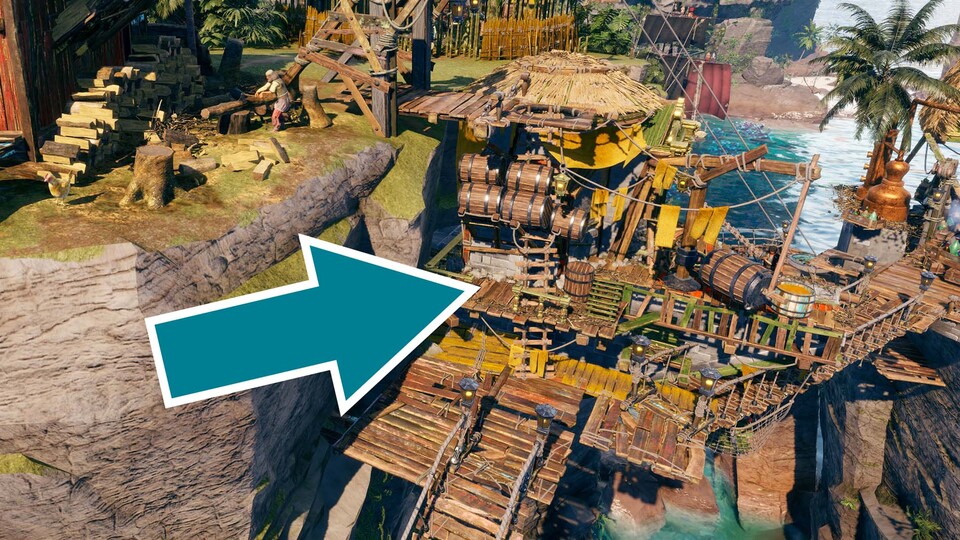 Wuppsie! Da passt man ein Mal nicht auf und schon clippt die Transportleiter von meinem Holzfäller zur Fassbinderei durch die Fässer hindurch.