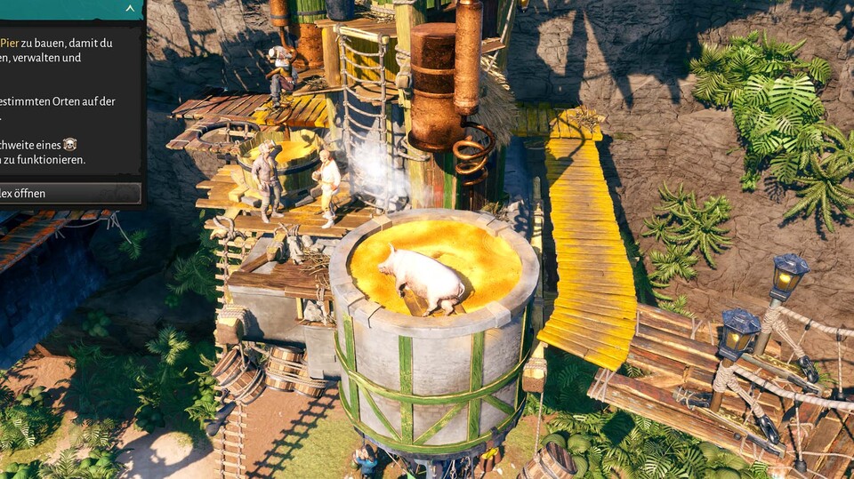 Hier gönnt sich ein Schwein in billigem Fusel ein Sonnenbad. Die Tiere sind überall im Lager versteckt, da sie laut den Entwickler*innen eine der wichtigsten Ressourcen unter Piraten waren.