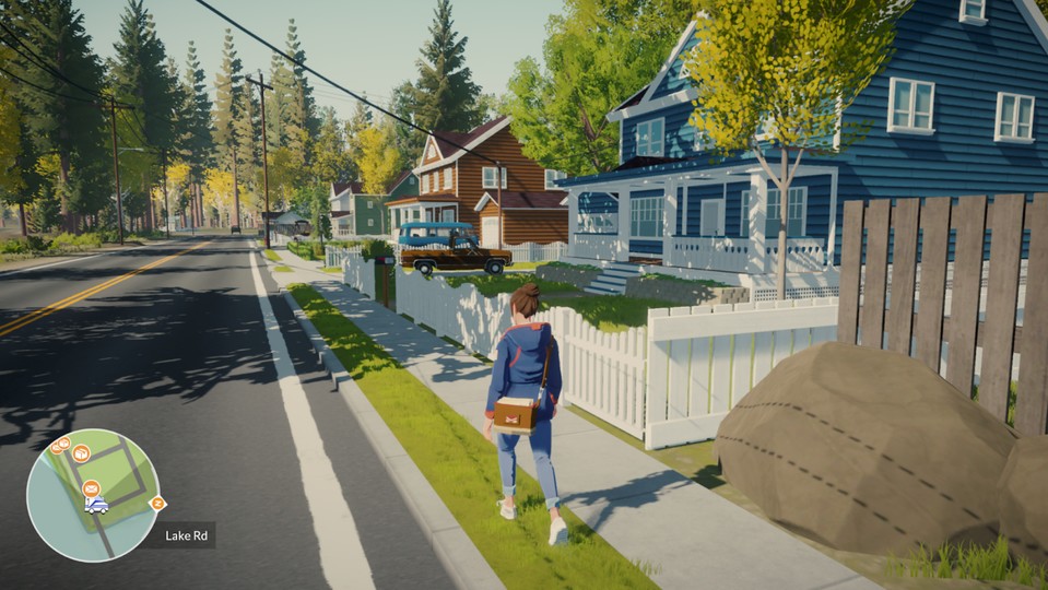 Im Spiel Lake ist das Postboten-Leben noch in Ordnung: Hier können Spieler*innen ganz ohne Zeitdruck im idyllischen Heimatdorf Pakete verteilen und mit alten Bekannten reden.