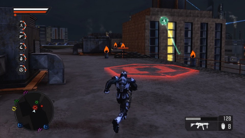 Crackdown 2: Das rote »C« markiert einen Kontrollpunkt der Cell-Terroristen, der grüne Ball ist einer der fliehenden Renegade Orbs. [360]