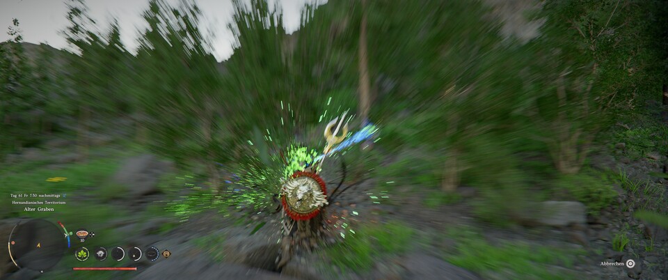 Ihr könnt eure Kraftfaust durch Macht des Axioms jagen und so Bäume fällen, Erz abbauen oder Rätsel aktivieren.