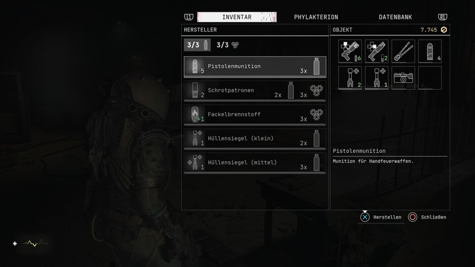 Inventarplätze sind stark begrenzt. Um Munition und Heilung herzustellen, gibt es ein simples Crafting-System.
