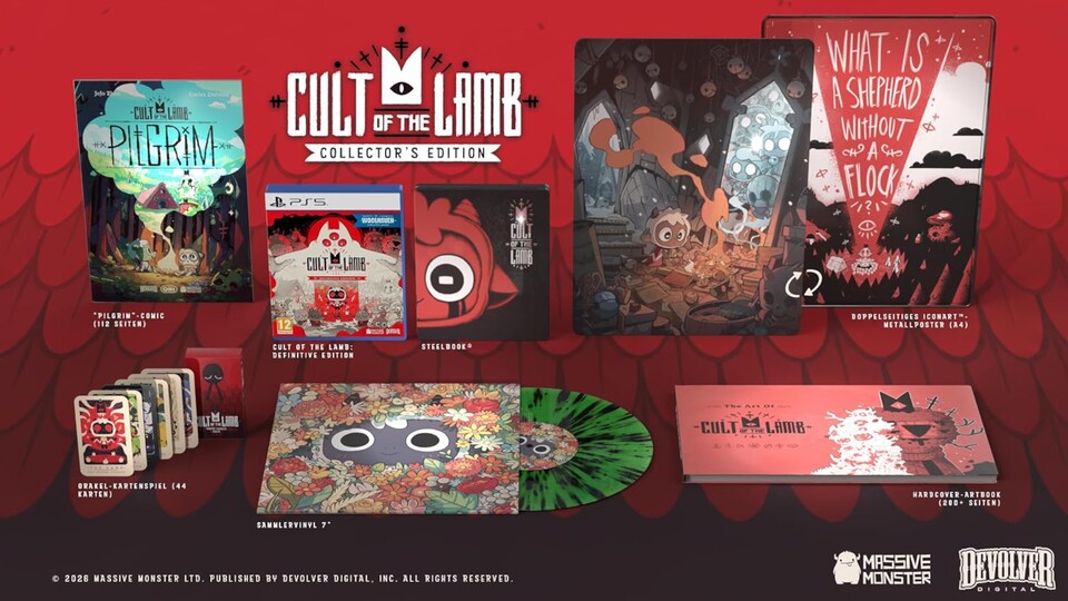 Hier seht ihr die Inhalte der Cult of the Lamb Collectors Edition im Überblick.
