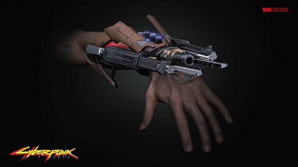 Hier seht ihr das Cyberpunk 2077-Konzept zu Arm-Railgun von vorne (Bild: Michael Michera artstation.commichera)