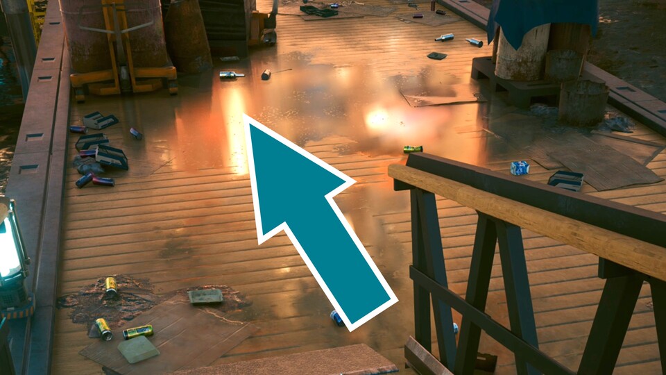 Richte ich die Kamera nach unten, verschwindet die Spiegelung der Fässer, auch im RT-Pro-Modus. Zudem ist der Rest der Reflexion sehr blockig, dahinter verbirgt sich also lediglich eine Textur (eine sogenannte Cube Map).