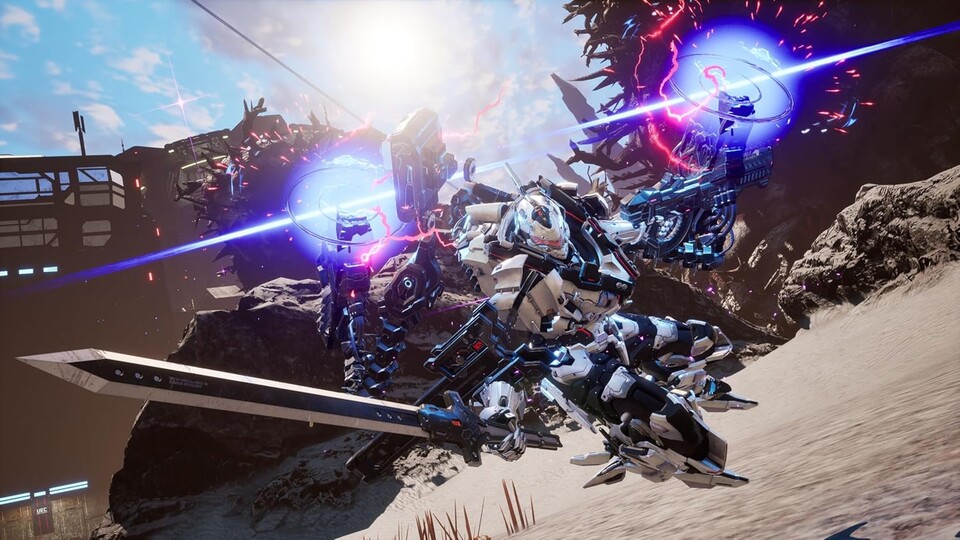 In Daemon X Machina: Titanic Scion teilt ihr nicht nur mit zahlreichen Schusswaffen, sondern auch mit Nahkampfwaffen wie Schwertern ordentlich aus.