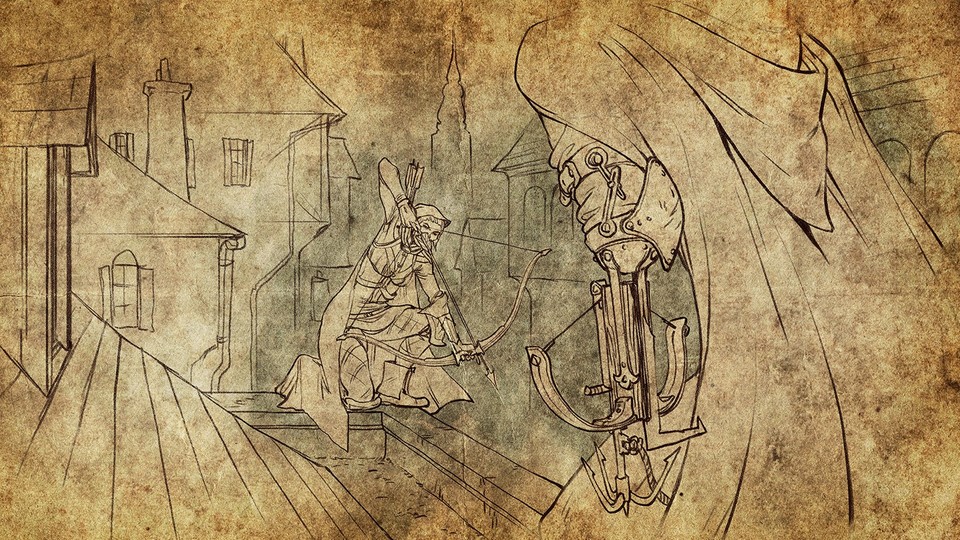 Die &quot;Rote Jenny&quot; Sera, zusammen mit dem Inquisitor im Epilog von Dragon Age: Inquisition - Eindringling. Als Armersatz muss eine kleine Enterhaken-Armbrust herhalten.
