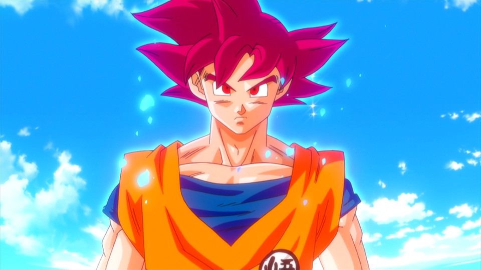 Son Goku in seiner Super Saiyajin-Gott-Form im vierzehnten Film Dragon Ball Z - The Movie: Battle of the Gods