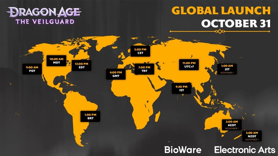 Hier sind die globalen Launch Timings von Dragon Age: The Veilguard. (Bild: BioWare)