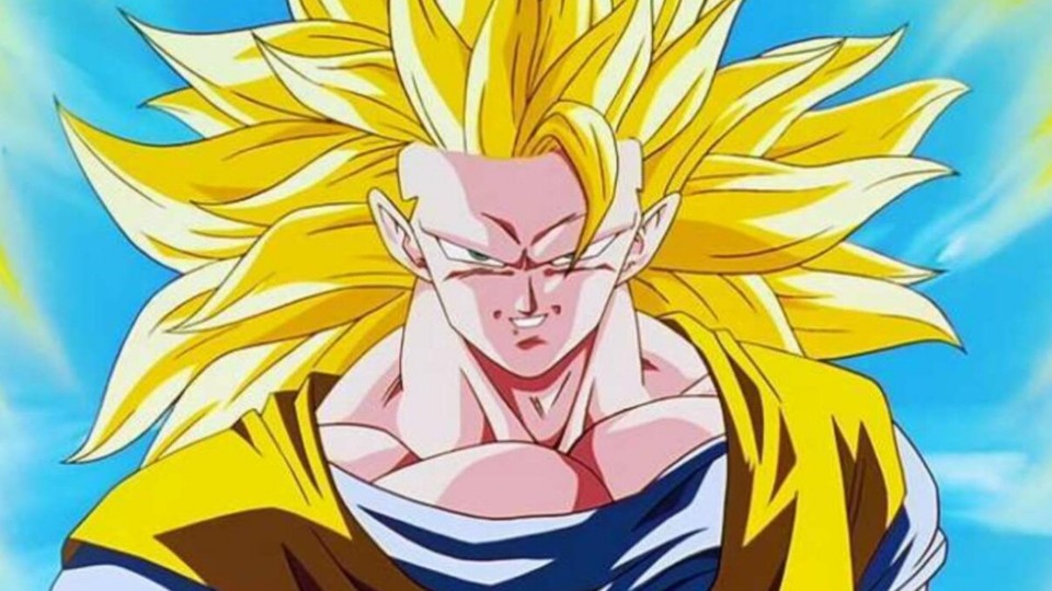 Als dreifachen Super Saiyajin verliert Son Goku seine Augenbrauen und bekommt lange Haare. (Bild: © Toei Animation)
