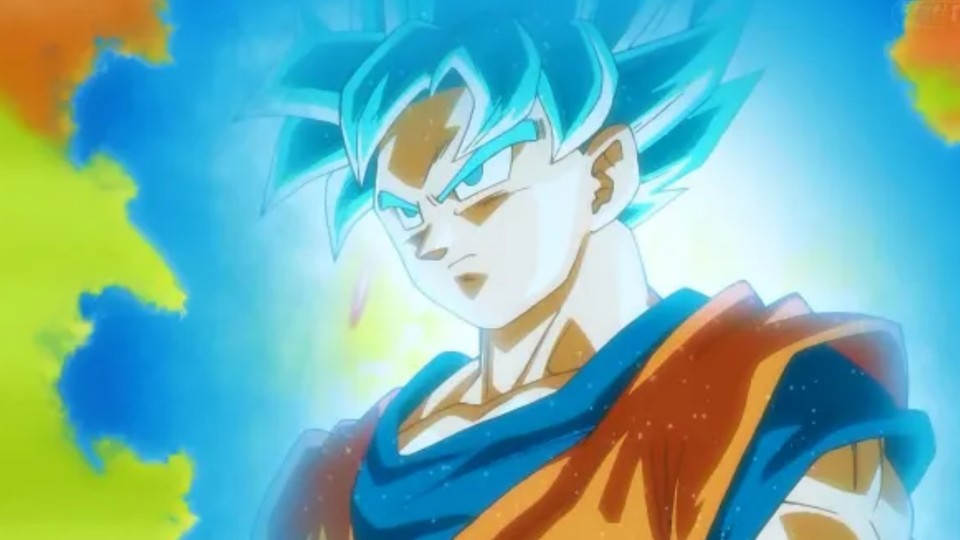 Goku wird im Super Saiyajin Gott-Zustand nochmal zum Super Saiyajin und steigt zum Super Saiyajin Blue auf. (Bild: © Toei Animation)