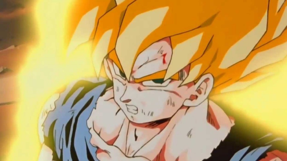 Goku verwandelt sich zum erstem Mal in den einfachen Super Saiyajin gegen Freezer. (Bild: © Toei Animation)