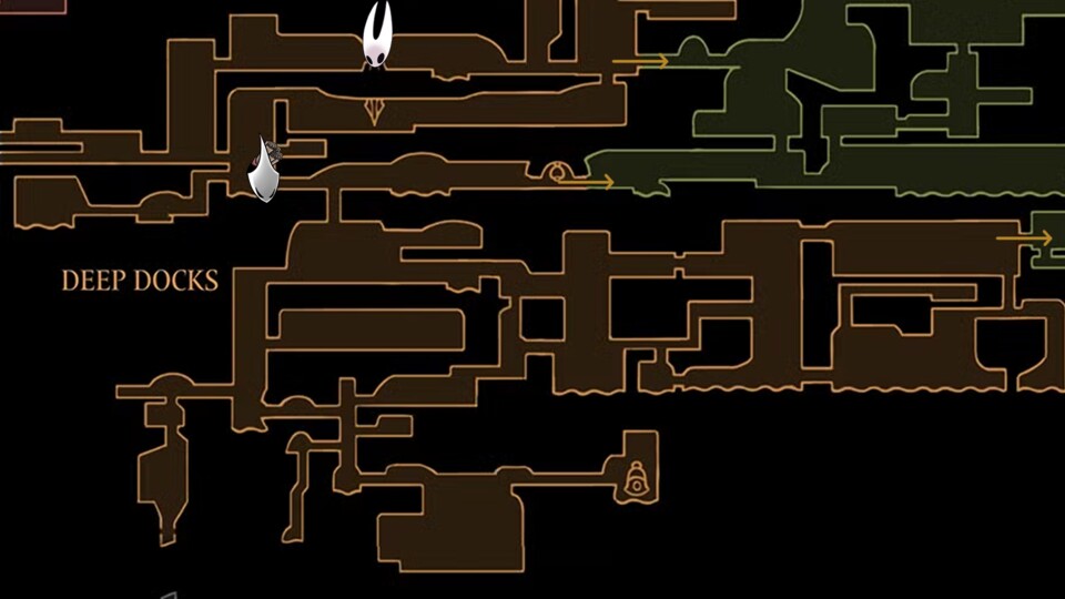 Der Pfeil zeigt den Weg zum nächsten Gebiet, Hornet markiert den Skill und Shakra die Karte.
