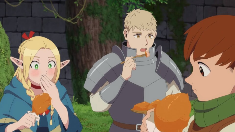 Marcille, Laois und Chilchuck probieren Monsterfleisch. (Bild: © TRIGGER Netflix)