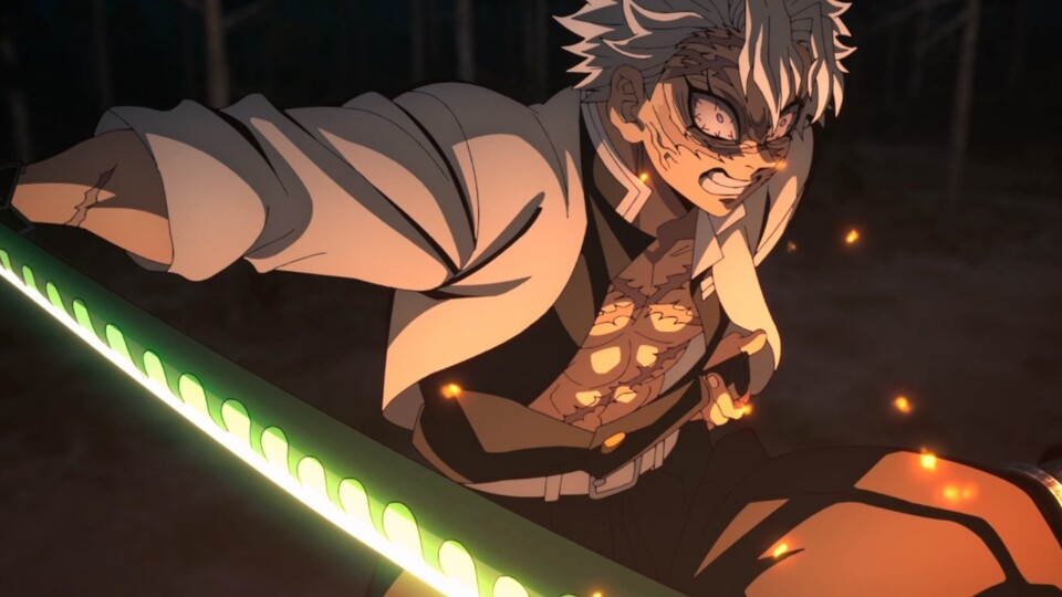 Sanemi ist wütend über Muzans Angriff auf ihren Anführer. (© Koyoharu Gotouge, Shueisha Ufotable)