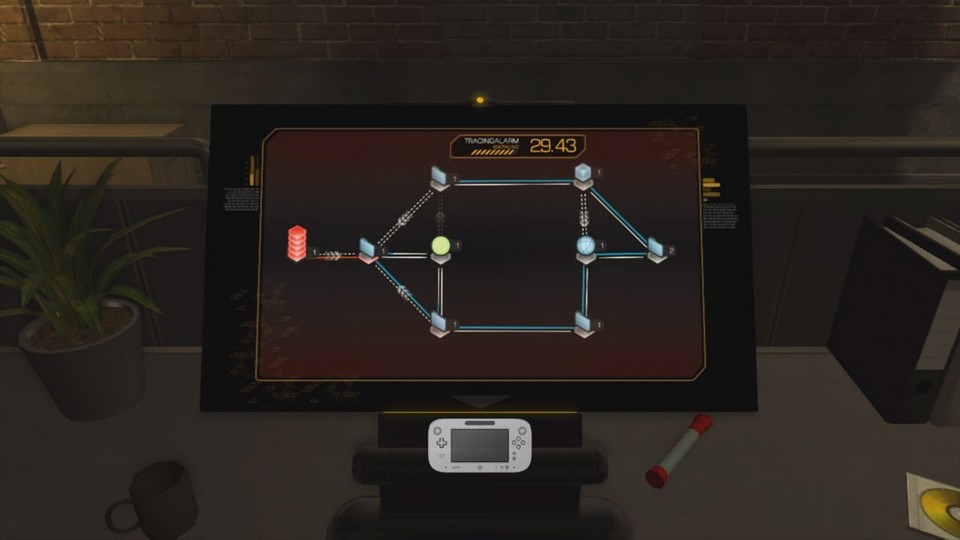 Deus Ex Human Revolution : Das Hacking-Minispiel wird auf dem Touchpad gespielt, auf dem großen Bildschirm sehen wir eine Übersicht des zu hackenden Netzwerkes.