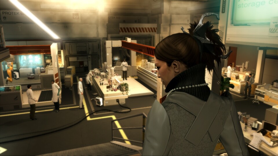 Zu Spielbeginn begleitet Adam seine forschende Ex-Freundin durch das Biotech-Labor.