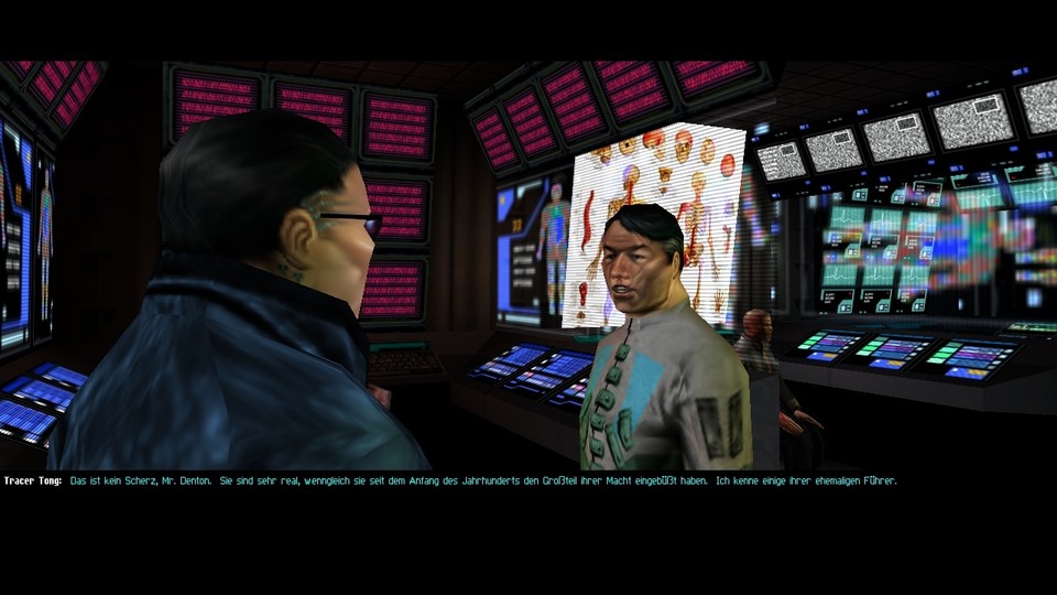 J.C. Denton unterhält sich mit Tracer Tong, der auf im Prequel Deus Ex: Human Revolution von 2011 vorkommt.