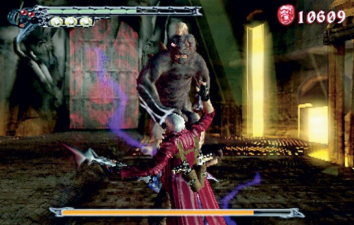 Die Bosskämpfe sind nicht nur cool inszeniert, sondern auch fordernd. Hier versucht Dante, diesen Dämonen mit einem Gitarrensolo zu beeindrucken. Screen: Playstation 2