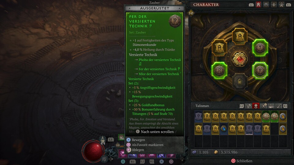 Zauber könnt ihr zu Sets zusammensetzen. Je stärker das Siegel in der Mitte, desto mehr Zauber passen ins Amulett. (PS5 Pro)