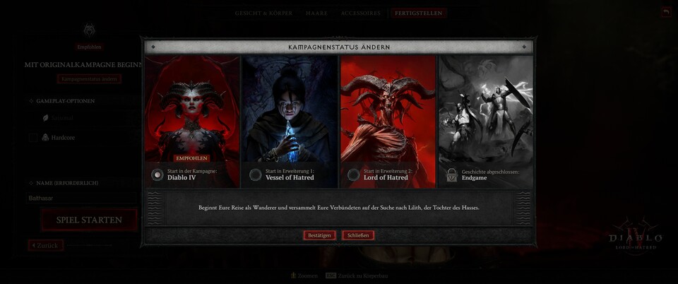 Mit einem neuen Charakter bestimmt ihr, mit welcher Kampagne es losgehen soll. Ein Video fasst euch die vorherige Story zusammen. (PC)