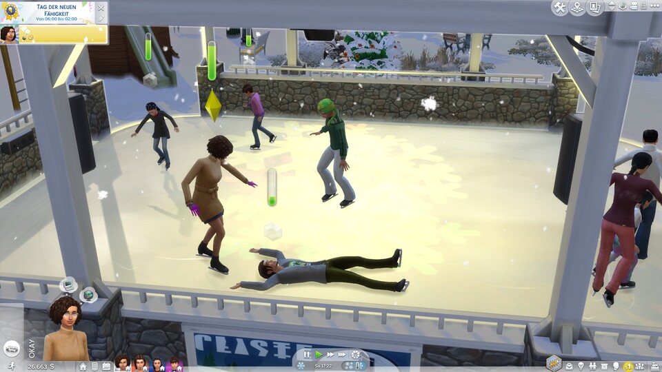 Bei einer Runde Eislaufen stellen sich nicht alle Sims geschickt an. 