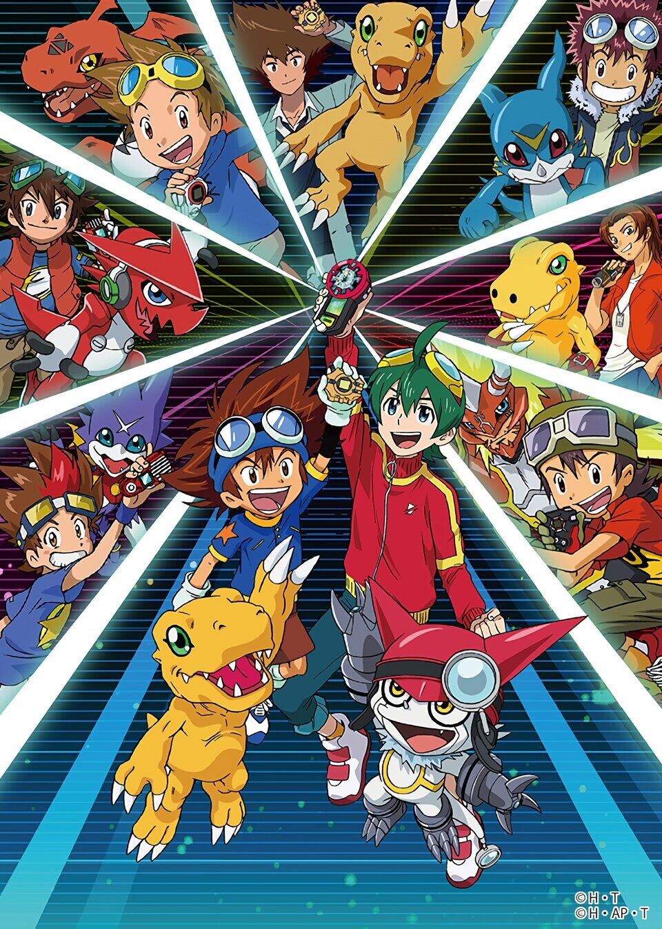 Dieses Bild mit allen Anime-Protagonisten ist zum 20. Jubiläum von Digimon im Jahr 2017 entstanden. Beinahe alle tragen eine Pilotenbrille.