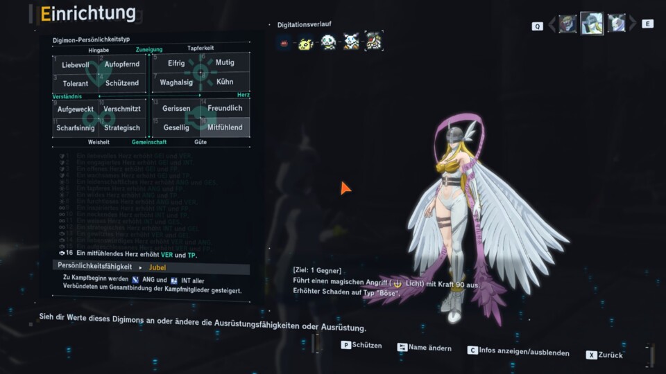 Die Unterkategorien der Persönlichkeitstypen sind nummeriert und entsprechen den Werte-Boosts in der darunterliegenden Liste. (© Bandai Namco)