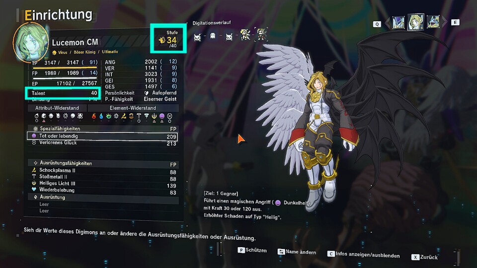 Der Talent-Wert entspricht dem Level-Cap in Digimon Story: Time Stranger. (© Bandai Namco)