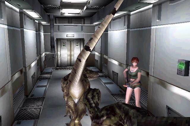 Eine bis auf die Zähne bewaffnete, leicht bekleidete Dame gegen einen Haufen Dinosaurier? Da kann es sich nur um Dino Crisis handeln.