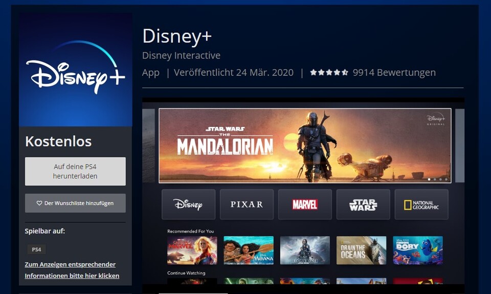 Disney+ App im PlayStation Store für PS4 downloaden