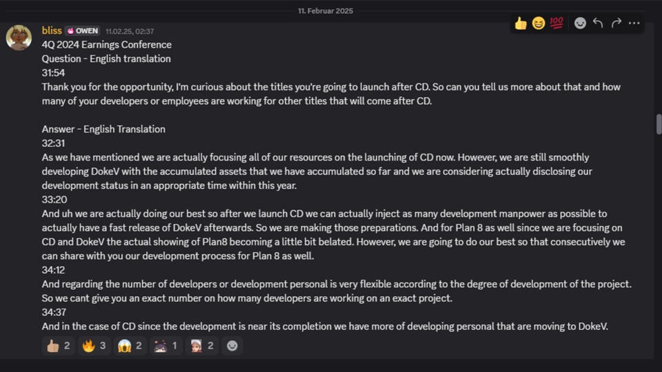 Danke an Discord-User bliss für die Übersetzung des 4Q 2024FY Pearl Abyss Earnings Conference Calls.
