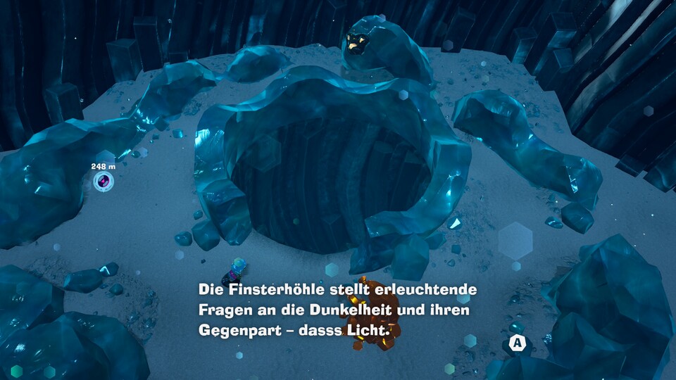 In der dunklen Höhle seht ihr kaum was. Nutzt den Stein für etwas Licht.