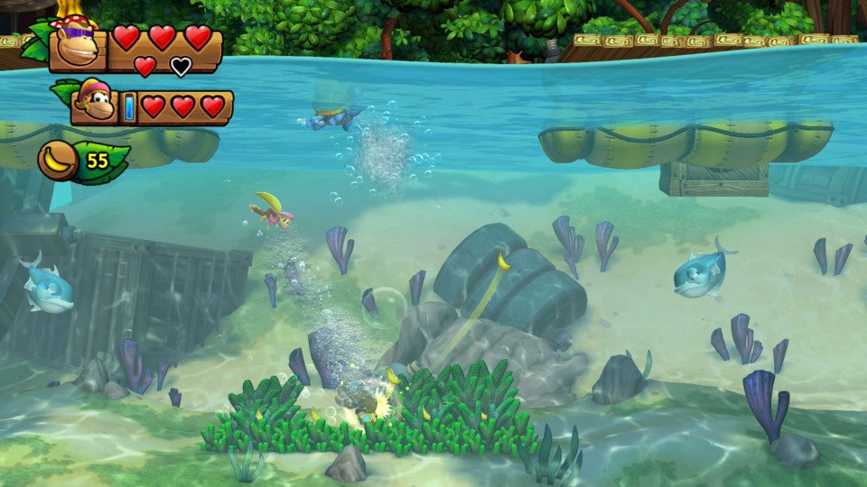 Funky Kong kann als neuer Charakter unendlich lange unter Wasser bleiben während jeder andere Charakter eine Sauerstoffanzeige besitzt.