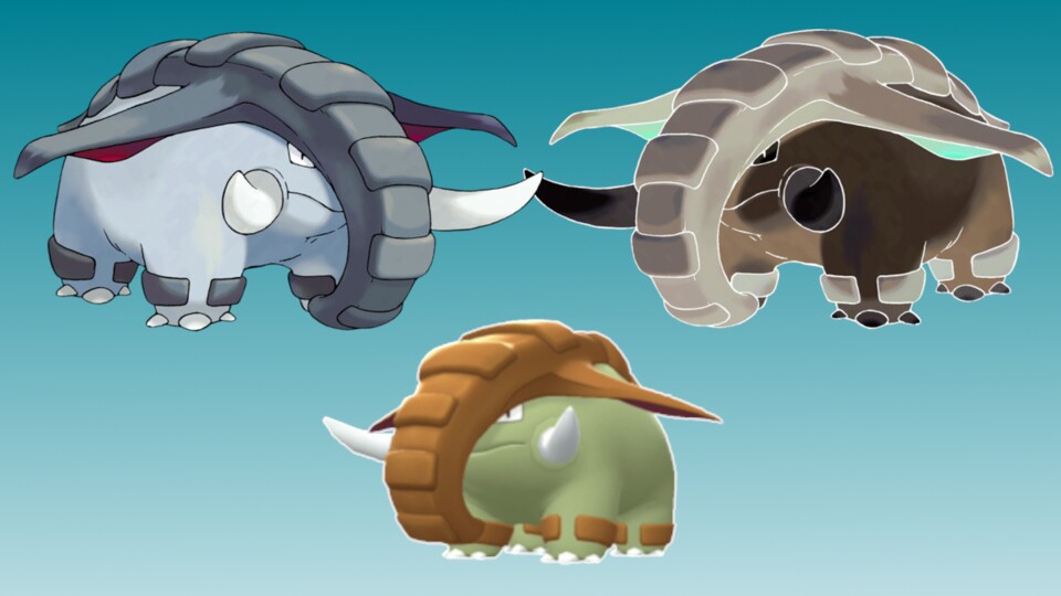 Oben links: gewöhnliches Donphan, Oben rechts: unser Komplementär-Donphan, Unten mittig: Shiny-Donphan aus KarmesinPurpur