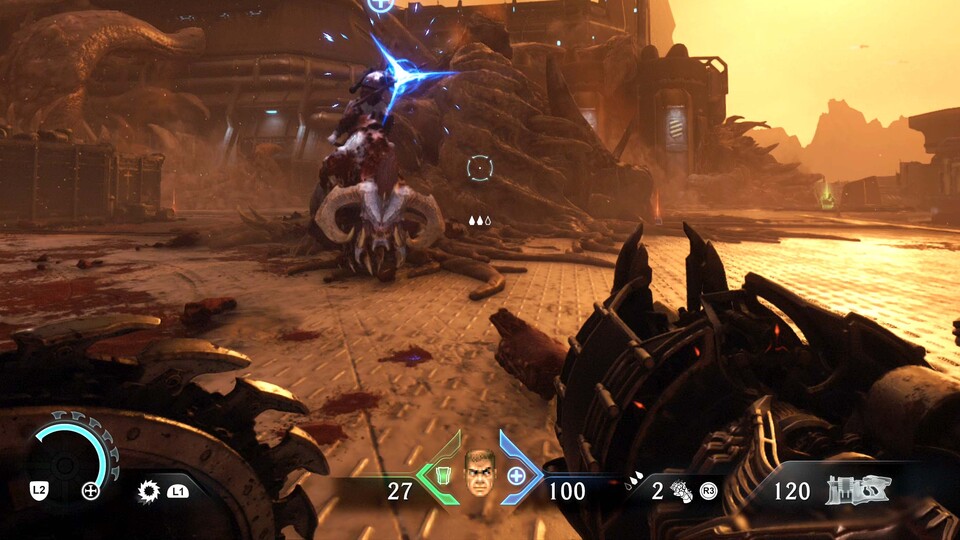 Wir haben das UI mit dem klassischen Doomguy aufgehübscht und enger in die Bildmitte gerutscht.