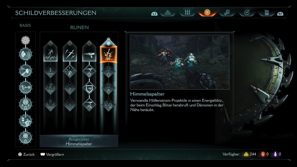Die Basis-Skills solltet ihr für den Schild fix freischalten. Was die beste Rune anbelangt, empfehlen wir euch den Himmelsspalter für verbesserte Crowd Control.