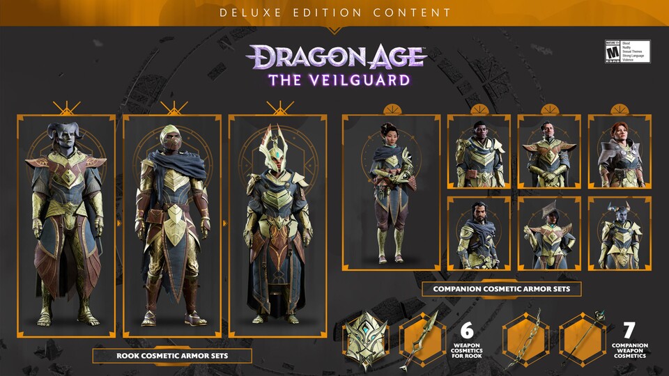 Hier seht ihr die zusätzlichen Rüstungssets der Dragon Age: The Veilguard Deluxe Edition im Überblick.