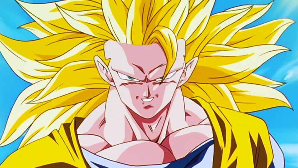 Son Goku als Super Sayajin 3 mit extrem langen, blonden Haaren. 