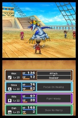 Dragon Quest IX: Das Kampfgeschehen verfolgt ihr oben, Befehle gebt ihr auf dem unteren Bildschirm [DS]