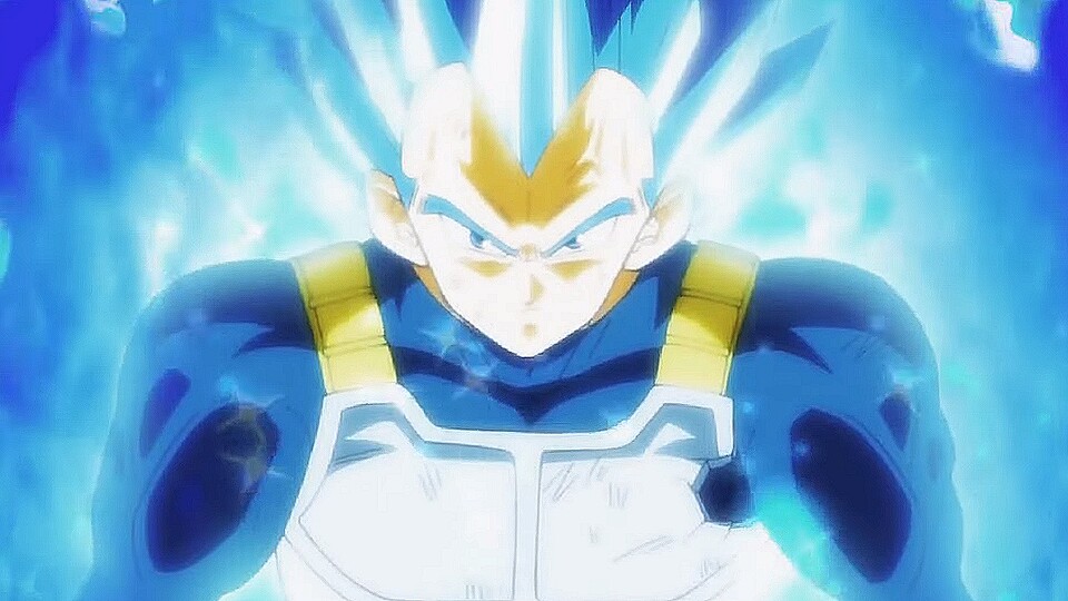 In seiner Super Saiyajin Blue Evolved-Form glitzert und schimmert Vegeta. (Bild: © Toei Animation)