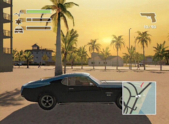 Die Lichteffekte sehen auch auf der PS2 sehr gut aus. Die Schattenwürfe dieses Sonnenuntergangs in Miami sind alle optisch korrekt. Screen: Playstation 2