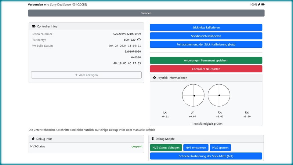 So sieht die Übersicht der DualShock-Tools aus, rechts in der Web-App befinden sich die wichtigen Kalibrierungswerkzeuge.