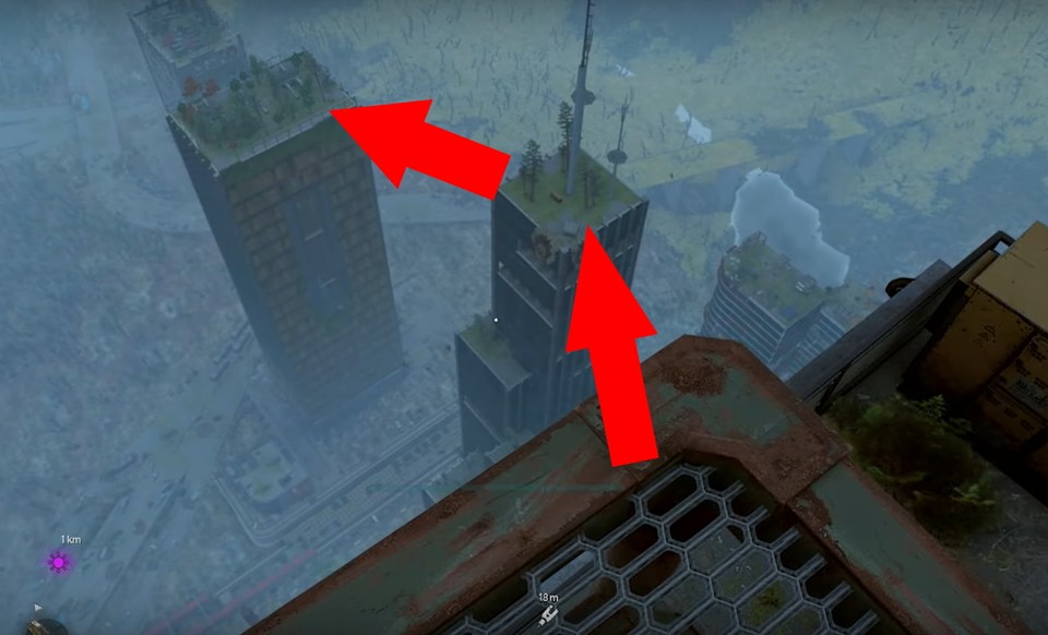 Vom höchsten Punkt des VNC-Turms müsst ihr zum nächsten und dann zum übernächsten Gebäude gleiten, um den NPC zu finden (Bildquelle: YouTube).