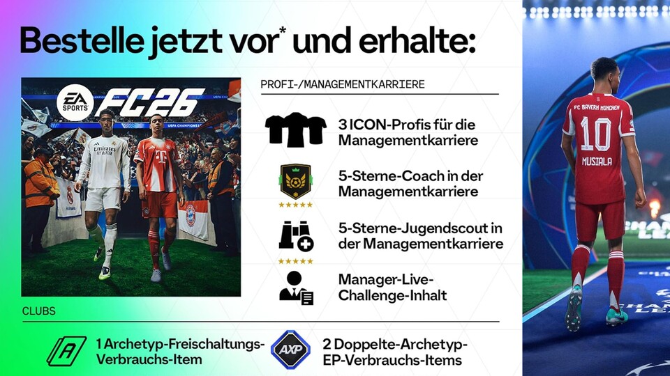 EA Sports FC 26 bietet eine ganze Reihe von Vorbesteller-Boni. Ihr müsst aber darauf achten, ob diese in dem Shop, in dem ihr bestellt, tatsächlich enthalten sind!
